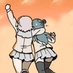  2girls arm_up black_socks black_thighhighs blue_hair commentary_request facing_away from_behind grey_sailor_collar grey_skirt hair_bun long_hair long_sleeves love_live! love_live!_sunshine!! medium_hair miniskirt multiple_girls orange_background pleated_skirt raised_fist sailor_collar school_uniform serafuku shinanoya_(satanicad) single_side_bun skirt socks sweatdrop thigh-highs tsushima_yoshiko uranohoshi_school_uniform watanabe_you winter_uniform zettai_ryouiki 