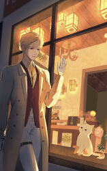  1boy absurdres belt black_belt black_vest blonde_hair blue_eyes buttons cafe candle coat collared_coat collared_shirt commentary_request cowboy_shot doorway dress_pants dress_shirt hair_between_eyes happy highres kohanai_setsuna lapels layered_sleeves loen long_sleeves looking_at_animal male_focus nikki_(series) notched_lapels open_clothes open_coat pants parted_lips shining_nikki shirt short_hair sleeves_past_wrists smile solo thigh_belt thigh_strap vest walking waving white_pants white_shirt window yellow_coat 