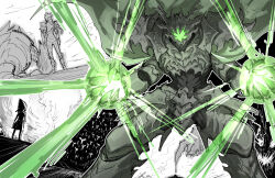  1boy armor blot_plot cape claws clenched_hands commentary_request energy energy_ball fake_horns faulds feet_out_of_frame floating_cape full_armor gauntlets grey_armor helmet horned_helmet horns kankan33333 monochrome_background monster_boy original powering_up shoulder_armor standing 