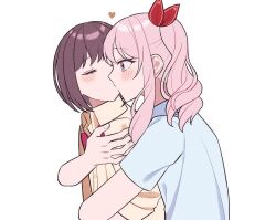  1girl 1other akiyama_mizuki blush bob_cut brown_hair closed_eyes collared_shirt commentary fingernails heart hug hug_from_behind kiss mutu_(25love) pink_eyes pink_hair project_sekai shinonome_ena shirt short_sleeves side_ponytail sidelocks simple_background upper_body white_background white_shirt 