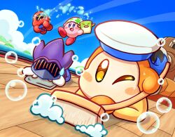  armor artist_name bandana blue_sky bucket cannon cleaning cleaning_kirby cleaning_rag clouds commentary dutch_angle floating halberd_(airship) hat holding holding_bucket holding_mop island javelin_knight kirby kirby_(series) mace_knight mop no_humans ocean one_eye_closed open_mouth paypaysoul pitch_(kirby) sailor_hat sailor_waddle_dee sky smile soap soap_bubbles standing twitter_username water yellow_eyes 