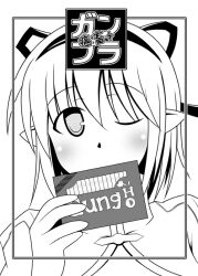  1girl arch_bishop_(ragnarok_online) blush card comiket_80 commentary_request cover cover_page doujin_cover greyscale hair_ribbon hairband hazama_shin holding holding_card lineart looking_at_viewer monochrome one_eye_closed pointy_ears ragnarok_online ribbon short_hair solo translation_request upper_body 