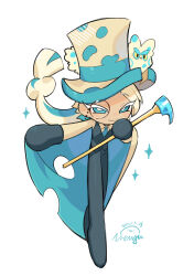  1other 2021 absurdres amy7996659 animal aqua_cape aqua_eyes aqua_hair aqua_hat artist_name black_gloves black_pants black_vest blonde_hair blue_necktie bright_pupils cane cape chinese_commentary closed_mouth colored_eyelashes commentary_request cookie_run cookie_run:_ovenbreak crossed_legs dated deformed gloves hair_behind_ear hand_on_own_cheek hand_on_own_face hand_up hat highres holding holding_cane humanization leaning_forward long_hair long_sleeves looking_at_viewer lord_crumbles_iii low-tied_long_hair monocle necktie other_focus outstretched_arm pants roguefort_cookie shirt simple_background smile solo sparkle standing top_hat torn_cape torn_clothes two-sided_cape two-sided_fabric two-tone_hat very_long_hair vest white_background white_eyelashes white_pupils yellow_cape yellow_hat yellow_shirt 
