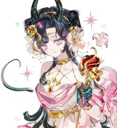  1girl absurdres anjo_nala apple bare_shoulders black_gloves black_hair black_horns demon_girl demon_horns dress flower food fruit gloves gold_choker green_tail grin hair_flower hair_ornament hand_up heart highres holding holding_pole horns lizard_tail long_hair official_alternate_costume parted_bangs pink_eyes pixel_heart pole reverse:1999 sleeveless sleeveless_dress smile solo sparkle tail upper_body weiyan_(nbnbmwnl) white_background white_dress white_flower 
