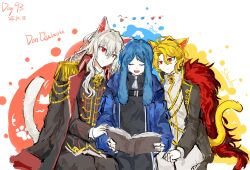  1boy 2girls animal_ears bari_(project_moon) blonde_hair blue_hair blue_jacket boaxn_0319 book cat_boy cat_ears cat_girl cat_tail closed_eyes closed_mouth don_quixote_(project_moon) epaulettes fur_collar highres jacket limbus_company long_hair military_uniform multiple_girls open_mouth pants project_moon red_eyes sancho_(project_moon) sandwiched short_hair simple_background sitting smile sweat tail white_background white_hair 