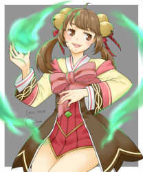  1girl ahoge bell blush bow brown_eyes brown_hair brown_shirt brown_skirt chima_(iccachima) cowboy_shot dated fire green_fire grey_background hair_bell hair_ornament hitodama jingle_bell long_hair long_sleeves looking_at_viewer low_twintails open_mouth pink_bow ragnarok_masters ragnarok_online shirt skirt smile solo soul_linker_(ragnarok_online) twintails two-tone_background white_background 