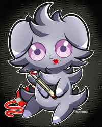  black_background blank_stare commentary english_commentary espurr fake_blood food food_on_face frown full_body highres holding holding_scalpel ketchup ketchup_bottle looking_at_viewer no_humans outline pokemon pokemon_(creature) scalpel sitting solo violet_eyes white_outline woofzilla 