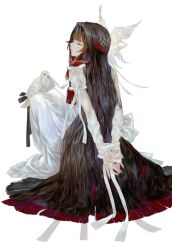  1girl animal arms_behind_back back_bow bird black_hair blunt_bangs bound bound_wrists bow closed_eyes closed_mouth columbina_(genshin_impact) cowlick dove dress eye_mask full_body genshin_impact gradient_hair hair_intakes hair_ornament hair_ribbon head_wings highres long_hair low-tied_sidelocks mask multicolored_hair red_hair ribbon shirone_(coxo_ii) sidelocks simple_background sitting sleeveless sleeveless_dress solo streaked_hair two-tone_hair very_long_hair white_background white_bow white_dress white_ribbon wing_hair_ornament wings 