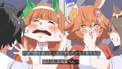  +_+ ahoge air_groove_(umamusume) animal_ears aoi_tenjiku blunt_bangs bow clover_hair_ornament daruma_doll daruma_doll_hair_ornament ear_bow ear_chain ear_covers ear_flower ear_ornament flipped_hair four-leaf_clover_hair_ornament fuji_kiseki_(umamusume) good_fortune_symbol hair_ornament hairband highres hime_cut horse_ears horse_girl linked_piercing matikanefukukitaru_(umamusume) orange_hair piercing purple_shirt sailor_collar sailor_shirt school_uniform shirt silence_suzuka_(umamusume) single_ear_cover star-shaped_pupils star_(symbol) symbol-shaped_pupils tracen_school_uniform tracen_training_uniform umamusume white_hairband yellow_bow 