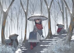  1girl :o absurdres ajirogasa bare_tree black_hair blush braid brown_sandals buttons capelet dress english_commentary frilled_capelet frilled_dress frilled_hat frills full_body grey_dress hands_on_lap hat highres jewelry jizou long_dress long_earlobes long_hair long_sleeves looking_at_viewer multiple_rings no_noru nose_blush ofuda outdoors parted_lips red_capelet red_eyes red_socks ring sandals single_strap sitting sitting_on_stairs snow snow_on_headwear snowing socks solo stairs statue touhou tree twin_braids winter yatadera_narumi 