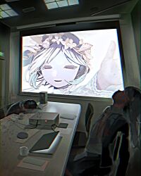  1boy 2girls absurdres chair computer cup floating_hair half-closed_eyes hands_up head_back head_down head_wreath highres hunched_over indoors lace lace_sleeves laptop meeting mug multiple_girls notebook original outstretched_hand overhead_lights parted_lips projector projector_screen short_hair sitting smile speaker splatter table test_norma1 violet_eyes white_hair wind 