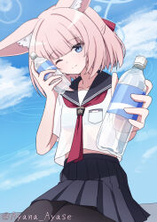  1girl ;) animal_ear_fluff animal_ears ayana_ayase black_pantyhose black_sailor_collar black_shirt blue_archive blue_eyes blue_halo blue_sky blunt_bangs blush bottle closed_mouth clouds commentary_request cowboy_shot day dual_wielding eyes_visible_through_hair fox_ears fox_girl hair_ribbon half_updo halo hands_up highres holding holding_bottle looking_at_viewer medium_hair midriff_peek miniskirt neckerchief niko_(blue_archive) one_eye_closed outdoors pantyhose pink_hair pleated_skirt red_neckerchief red_ribbon ribbon sailor_collar school_uniform serafuku shirt short_sleeves sitting skirt sky smile solo twitter_username water_bottle white_shirt 