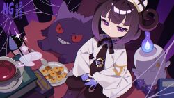  1girl ame_akira belt belt_buckle berry_(pokemon) black_dress black_hair black_pantyhose bob_cut book buckle coat cup dress food gengar gloves gradient_hair gwynn_(pokemon) hat highres litwick long_sleeves looking_at_viewer multicolored_hair o-ring o-ring_belt open_clothes open_coat pantyhose partially_fingerless_gloves plate pokemon pokemon_(creature) pokemon_legends:_z-a purple_hair short_hair spoon tea teacup violet_eyes white_coat wiki_berry 