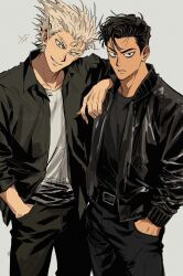  +++ 2boys arm_on_another's_shoulder belt belt_buckle black_hair black_pants black_shirt buckle bul_jelly collarbone collared_shirt crew_neck feet_out_of_frame forked_eyebrows garou_(one-punch_man) grey_background grin hand_in_pocket highres kinzoku_bat looking_at_viewer male_focus medium_hair multiple_boys one-punch_man open_clothes open_shirt pants parted_lips shirt shirt_tucked_in short_sideburns simple_background smile standing teeth white_hair white_shirt wing_collar 