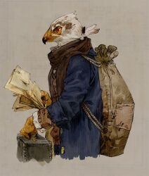  1boy bag bird_boy blue_coat briefcase brown_background brown_feathers brown_scarf claws coat commentary_request feathers furry furry_male holding holding_briefcase looking_to_the_side low_ponytail male_focus nagabe orange_eyes original paper_bag ponytail scarf short_ponytail simple_background solo upper_body 