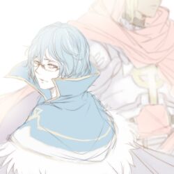  2boys armor black-framed_eyewear blue_capelet blue_hair breastplate cape capelet closed_mouth commentary_request dark-skinned_male dark_skin fur-trimmed_capelet fur_trim glasses grey_eyes high_wizard_(ragnarok_online) kino_cozi looking_at_viewer male_focus multiple_boys ragnarok_online red_cape rune_knight_(ragnarok_online) short_hair solo_focus upper_body white_background 