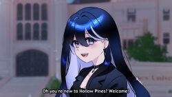  1girl black_choker black_jacket blue_eyes blue_hair blurry blurry_background choker colored_inner_hair commentary double-parted_bangs earclip earrings english_commentary english_text hair_between_eyes highres jacket jewelry long_hair looking_at_viewer multicolored_hair open_mouth original outdoors ryuuxin sadie_(ryuuxin) smile solo subtitled upper_body 