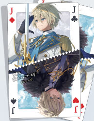  &gt;:) 2boys absurdres aiguillette black_cape black_gloves black_jacket blonde_hair blue_background blue_eyes blue_necktie border brooch buttons cape card card_(medium) closed_mouth colored_lapels double-breasted dual_persona epaulettes expressionless fur-trimmed_cape fur_trim gloves gold_trim grey_background hair_between_eyes hand_to_blade hand_up highres holding holding_sword holding_weapon holostars jack_(playing_card) jack_of_clubs_(playing_card) jack_of_diamonds jack_of_hearts jack_of_spades jacket jewelry kishido_temma kishido_temma_(6th_costume) lapel_pin lapels long_sleeves looking_ahead looking_at_viewer luma8b male_focus multiple_boys necktie official_alternate_costume outside_border playing_card playing_card_(medium) shirt short_hair smile split_screen star_brooch sword sword_in_front_of_face upper_body v-shaped_eyebrows virtual_youtuber weapon white_border white_jacket white_shirt 