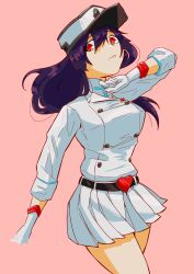  1girl absurdres bambietta_basterbine belt black_belt bleach bleach:_sennen_kessen-hen breasts buckle commentary gloves hat heart heart-shaped_buckle highres jacket long_hair medium_breasts purple_hair quincy_(bleach) red_eyes skirt solo spinosaur1111 sternritter wandenreich_uniform white_gloves white_hat white_jacket white_skirt 