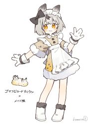  1girl 1other :3 absurdres animal animal_ears ankle_boots apron artist_name black_bow blush boots bow brown_dress closed_mouth collared_dress commentary creature_and_personification dot_nose dress flat_chest frilled_apron frills full_body fur-trimmed_boots fur-trimmed_dress fur_trim gloves gradient_clothes gradient_dress grey_hair hair_between_eyes hair_bow hand_up headdress highres komerina looking_at_viewer maid maid_apron maid_headdress medium_hair mole mole_under_mouth no_pupils orange_dress orange_eyes original personification sea_slug sea_slug_ears sea_slug_girl short_dress short_sleeves sidelocks simple_background smile solo standing thick_eyebrows translated two-tone_dress waist_apron waving white_apron white_background white_boots white_gloves white_headdress 