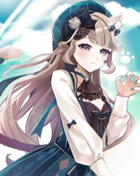  1girl animal_ears aqua_hat aqua_nails blonde_hair blush bow cat_ears cat_girl closed_mouth dress facial_mark genshin_impact hair_bow hair_ornament hat highres long_hair long_sleeves looking_at_viewer lynette_(genshin_cafe_in_seoul)_(genshin_impact) lynette_(genshin_impact) sleeveless sleeveless_dress solo star_(symbol) star_facial_mark tail violet_eyes ymdm0826 