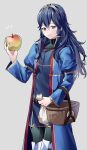  1girl alternate_costume ameno_(a_meno0) apple bag basket blue_eyes blue_hair boots coat fire_emblem fire_emblem_awakening flat_chest food fruit grey_background grin hair_between_eyes long_hair long_sleeves looking_at_viewer lucina_(fire_emblem) pantyhose smile solo sweater symbol-shaped_pupils thigh_boots tiara 