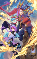  1boy 1girl absurdres armor baseball_cap black_gloves black_shirt book bow brother_and_sister clenched_teeth coat crop_top duel_masters ear_protection fang fingerless_gloves fire glenglassaugh_(duel_masters) glenturret_(duel_masters) gloves gold_trim hair_over_one_eye hat high_ponytail highres holding holding_sword holding_weapon hood hooded_coat long_hair low_side_ponytail midriff multicolored_hair multicolored_shirt navel open_clothes open_coat open_mouth osam over_shoulder pink_coat ponytail purple_hair purple_scarf red_eyes red_hair red_shirt scarf shirt shoes shorts shoulder_armor siblings sword sword_on_back teeth trap upper_teeth_only vambraces very_long_hair violet_eyes weapon weapon_on_back weapon_over_shoulder white_shoes white_shorts 