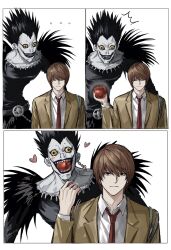 2boys apple black_eyes blazer blush brown_hair closed_mouth death_note food fruit happy heart highres holding holding_food holding_fruit jacket long_sleeves male_focus multiple_boys necktie open_mouth red_necktie ryuk sharp_teeth shinigami shirt short_hair sso_s teeth white_shirt yagami_light 
