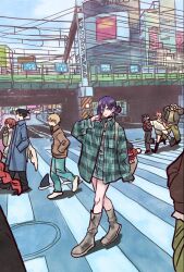 4boys 4girls angel_devil_(chainsaw_man) angel_wings arms_behind_head bag beam_(chainsaw_man) black_boots black_choker black_hair black_pants blonde_hair blue_coat blue_hair blue_pants boots braid brown_coat brown_hair chainsaw_man character_charm charm_(object) choker city coat crosswalk denji_(chainsaw_man) full_body green_eyes green_shirt grey_boots hair_between_eyes hair_bun hands_in_pockets hayakawa_aki higashiyama_kobeni holding holding_bag horns light_smile long_coat long_hair makima_(chainsaw_man) multiple_boys multiple_girls pants plaid_clothes plaid_shirt pochita_(chainsaw_man) ponytail power_(chainsaw_man) red_hair reze_(chainsaw_man) shark shark_boy shark_fin shirt shoes short_hair short_ponytail shoulder_bag single_braid takeuchi_ryousuke updo violence_fiend_(chainsaw_man) walking white_shoes wings 