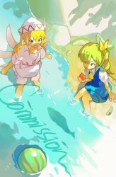  2girls :o absurdres adapted_costume ascot bare_arms bare_legs blonde_hair bloomers blue_eyes blue_skirt blue_vest bow collarbone commission crumbs curious daiyousei day dress fairy fairy_wings favnvs_(s910a_ib6) fish food food_bite from_above fruit full_body green_eyes green_hair green_wings hair_between_eyes hair_bow hand_on_ground happy hat highres holding holding_food holding_fruit lily_white long_hair looking_at_animal loose_hair_strand miniskirt multiple_girls on_ground open_mouth outdoors puffy_short_sleeves puffy_sleeves ripples rock shirt short_dress short_sleeves side_ponytail sitting skirt skirt_set smile soaking_feet summer touhou transparent_wings vest wading watermelon watermelon_slice white_bloomers white_dress white_hat white_shirt white_wings wings yellow_ascot yellow_bow 