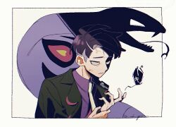  1boy angry arbok black_hair black_jacket collared_shirt commentary_request corbeau_(pokemon) forked_tongue grey_hair jacket long_sleeves male_focus multicolored_hair necktie pokemon pokemon_(creature) pokemon_legends:_z-a purple_shirt saba_goma shirt simple_background tongue twitter_username upper_body veins white_necktie 