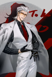  1boy black_gloves black_shirt collared_shirt cowboy_shot glasses gloves grey_background hair_slicked_back highres jacket jacket_on_shoulders light_smile male_focus misctaost necktie pants red_necktie shirt solo suit suit_jacket to_be_hero to_be_hero_x vest waistcoat white_hair white_jacket white_pants white_suit white_vest x_(to_be_hero_x) x_ornament 