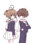  1boy 1girl brown_eyes brown_hair cardcaptor_sakura child green_eyes highres kinomoto_sakura kurabayashi li_xiaolang sailor_collar school_uniform shadow simple_background skirt tomoeda_elementary_school_uniform white_background white_sailor_collar white_skirt 