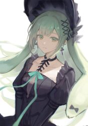  1girl absurdres arknights bang_dream! bang_dream!_it&#039;s_mygo!!!!! black_bonnet black_choker black_dress bonnet choker chromatic_aberration closed_mouth commentary dress green_eyes green_hair highres linkr long_hair long_sleeves looking_at_viewer official_alternate_costume simple_background solo very_long_hair wakaba_mutsumi wakaba_mutsumi_(marionette&#039;s_id) white_background 