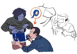 2boys black_eyes black_hair blue_skin blue_sweater coat_guy_(no_i'm_not_a_human) colored_skin duct_tape green_sweater highres hole_in_stomach kandelyabr55 male_focus multiple_boys no_i'm_not_a_human parody protagonist_(no_i'm_not_a_human) real_life_insert short_hair sketch sweater turtleneck turtleneck_sweater welding welding_goggles welding_mask welding_torch white_background 
