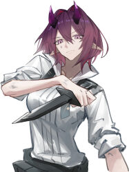 1girl arknights ascalon_(arknights) breasts closed_mouth commentary_request demon_girl demon_horns expressionless hair_between_eyes highres holding holding_knife horns horns_through_hood knife long_hair pointy_ears purple_horns rusi shirt short_sleeves simple_background solo teardrop_facial_mark upper_body white_background white_shirt 