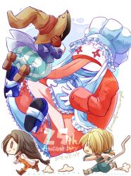  1girl 1other 2boys anniversary ayana_(iqaw5cfohvdtver) bare_shoulders bib black_choker black_hair black_mage_(final_fantasy) black_shoes blonde_hair blue_coat blue_pants blue_vest blue_wrist_cuffs blush_stickers bodysuit boots breasts brown_boots brown_eyes brown_gloves cat_tail chef_hat chibi chibi_inset choker coat colored_skin copyright_name crystal dated final_fantasy final_fantasy_ix full_body furrowed_brow garnet_til_alexandros_xvii gloves green_pants grey_boots hair_ribbon hand_on_headwear hat jewelry long_hair low-tied_long_hair low_ponytail medium_breasts multiple_boys open_mouth orange_bodysuit pants pendant pink_coat ponytail quina_quen ribbon running shirt shoes single_blush_sticker smile striped_clothes striped_pants tail tongue tongue_out vest vivi_ornitier white_background white_shirt white_skin wizard_hat wrist_cuffs yellow_eyes zidane_tribal 