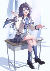  1girl :d absurdres black_hair black_shoes black_socks blazer blue_bow blue_bowtie blue_eyes blue_ribbon blue_vest bow bowtie buttons collared_shirt commentary_request crossed_legs desk diagonal-striped_bow diagonal-striped_bowtie diagonal-striped_clothes diagonal-striped_ribbon grey_skirt hair_between_eyes hair_ornament hairpin hanayori_yoruha hand_up highres indie_virtual_youtuber jacket kneehighs loafers long_hair long_sleeves neck_ribbon open_mouth plaid_clothes plaid_skirt pleated_skirt png_pant_(bus) pocket ribbon school_desk school_uniform shirt shoes skirt smile socks solo striped_bow striped_bowtie striped_clothes teeth thighs tongue upper_teeth_only vest virtual_youtuber white_jacket white_shirt x_hair_ornament 