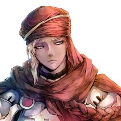  1boy armor blonde_hair breastplate closed_mouth commentary_request dark-skinned_male dark_skin green_eyes keffiyeh kino_cozi looking_afar looking_to_the_side lowres male_focus mole mole_under_mouth official_alternate_costume ragnarok_online rune_knight_(ragnarok_online) short_hair simple_background solo upper_body white_background 