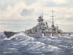  atelier_bono cannon clouds cloudy_sky commentary_request cruiser flag highres kriegsmarine mast military military_vehicle nazi_war_ensign no_humans ocean original outdoors painting_(medium) prinz_eugen_(cruiser) revision sailing ship ship_turret sky smokestack traditional_media vehicle_focus warship watercolor_(medium) watercraft waves 