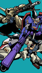  absurdres aeug aiming aiming_at_viewer armor beam_rifle blue_armor energy_gun foreshortening full_body gold_armor gundam highres hyaku_shiki margare mecha mecha_focus mechanical_wings mobile_suit multicolored_armor perspective robot science_fiction v-fin weapon white_armor wings zeta_gundam zeta_gundam_(mobile_suit) 