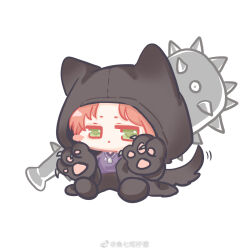  1boy :&lt; animal_ears animal_hands black_gloves black_jacket black_pants black_shoes blush_stickers chibi closed_mouth club_(weapon) dog_boy dog_ears dog_tags dog_tail ear_covers frown gloves green_eyes hood hood_up hooded_jacket huge_weapon jacket jitome kemonomimi_mode looking_at_viewer male_focus motion_lines nikki_(series) open_clothes open_jacket orange_hair pants parted_bangs paw_gloves paw_pose purple_shirt shining_nikki shirt shoes short_hair simple_background single_blush_sticker sitting solo sparkle spiked_club tail tail_wagging unamused watermark weapon weibo_watermark white_background xiaoyu_qixing yeeso_(shining_nikki) 