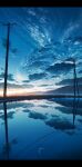 blue_sky blue_theme clouds cloudy_sky cola_(gotouryouta) crescent_moon grass highres hill jellyfish letterboxed moon night night_sky no_humans original power_lines reflection scenery sky star_(sky) starry_sky sunset surreal utility_pole water 