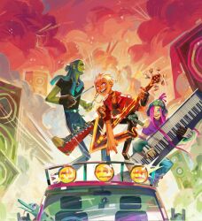  1boy 2girls :d artist_request beanie belt black_gloves black_nails black_shirt blonde_hair blue_eyes blue_pants boots breasts car casey_(no_straight_roads) choker closed_eyes commentary crocodile crocodilian denim drumsticks electric_guitar english_commentary explosion fingerless_gloves fuzzy_dice gloves green_belt green_hat guitar hat highres holding holding_drumsticks instrument jacket jeans keyboard_(instrument) lace-up_boots leg_up long_hair mayday_(no_straight_roads) motor_vehicle multicolored_hair multicolored_nails multicolored_shoes multiple_girls no_straight_roads no_straight_roads_2 official_art pants pink_eyes pink_hair purple_tank_top red_jacket red_shoes ribbon_choker shirt shoes single_glove small_breasts smile smoke speaker tank_top twintails two-tone_hair two-tone_shoes upper_body white_nails white_shoes zuke_(no_straight_roads) 