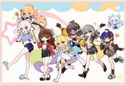  ahoge belle_(zenless_zone_zero) black_gloves blonde_hair blue_eyes blue_hair brown_hair character_request chibi cnihese commentary_request company_connection copyright_request female_dreamseeker_(honkai_impact) genshin_impact glasses gloves green_eyes grey_hair highres honkai:_star_rail honkai_(series) honkai_impact_3rd kiana_kaslana leylah_(honkai_impact) lumine_(genshin_impact) meme midriff mihoyo navel red_eyes rosa_(tears_of_themis) shorts smile stelle_(honkai:_star_rail) tears_of_themis teri_derp_(meme) trailblazer_(honkai:_star_rail) white_hair yellow_eyes zenless_zone_zero 