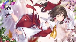  1girl album_cover asa_no_ha_(pattern) ascot bad_source between_fingers blue_flower blurry bow brown_hair bud camellia cherry_blossoms cover depth_of_field detached_sleeves dutch_angle flower frilled_bow frilled_hair_tubes frilled_shirt_collar frilled_skirt frills gohei hachimitsu-lemon hair_bow hair_tubes hakurei_reimu highres holding holding_gohei holding_ofuda japanese_clothes leaf long_sleeves looking_at_viewer maple_leaf morning_glory nontraditional_miko ofuda ofuda_between_fingers purple_flower red_bow red_flower red_ribbon red_skirt ribbon ribbon-trimmed_sleeves ribbon_trim rokuwata_tomoe sarashi shaft_look short_hair skirt skirt_set smile solo touhou water white_flower wide_sleeves wisteria yellow_ascot yellow_eyes 