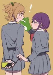  ! 2girls arm_up arms_behind_back bell black-framed_eyewear blonde_hair blush bow bowtie chikiso closed_eyes closed_mouth clothes_grab collared_shirt covered_mouth cowboy_shot daiba_nana facing_another facing_to_the_side from_behind glasses green_eyes green_ribbon grey_jacket grey_skirt hair_bell hair_between_eyes hair_ornament hair_ribbon hand_on_another's_arm hand_on_own_wrist hand_puppet hoshimi_junna jacket kissing_object long_sleeves looking_at_another looking_to_the_side low_side_ponytail miniskirt missing_commentary multiple_girls pleated_skirt profile pulling_another's_clothes puppet purple_hair red_bow red_bowtie ribbon school_uniform seishou_music_academy_uniform shirt short_hair shoujo_kageki_revue_starlight side-by-side sidelocks simple_background skirt sleeve_grab smile stuffed_animal stuffed_frog stuffed_toy two_side_up viewer_holding_phone white_shirt yellow_background yuri 