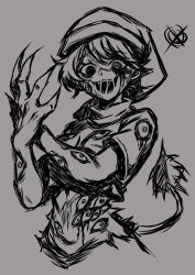  1girl arianne20131 blood blood_from_eyes body_horror claws commentary doremy_sweet english_commentary extra_eyes eye_on_belly eyes_on_body eyes_on_jaw grey_background greyscale hat hatching_(texture) highres horror_(theme) looking_at_viewer mismatched_eyes monochrome monster_girl nightcap open_mouth short_hair short_sleeves signature simple_background smile solo tail tapir_tail too_many_eyes touhou 