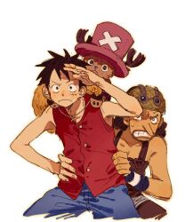  3boys black_hair blue_pants brown_overalls clenched_teeth furry furry_male hand_on_own_hip hat hiding hiding_behind_another highres looking_afar male_focus monkey_d._luffy multiple_boys one_piece overalls pants pink_hat qwwwwww48423 red_shirt scar scar_on_face shirt sleeveless sleeveless_shirt teeth tony_tony_chopper usopp v-shaped_eyebrows wristband 