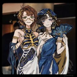  2girls absurdres alternate_costume arm_around_waist armlet bare_shoulders black_border black_hair blue_dress blue_veil blurry blurry_background border broken_eyewear brown_hair dress finger_gun folding_fan glasses grin hair_ornament hand_fan hand_on_another&#039;s_waist hand_on_own_chest hand_up heart highres holding holding_fan indoors isolde_(reverse:1999) jewelry kakania_(reverse:1999) looking_at_viewer multiple_girls noriiikonbu official_alternate_costume photo-referenced pointing pointing_at_viewer reverse:1999 shawl side-by-side sleeveless sleeveless_dress smile sparkle two-tone_dress upper_body veil violet_eyes white_dress white_shawl 